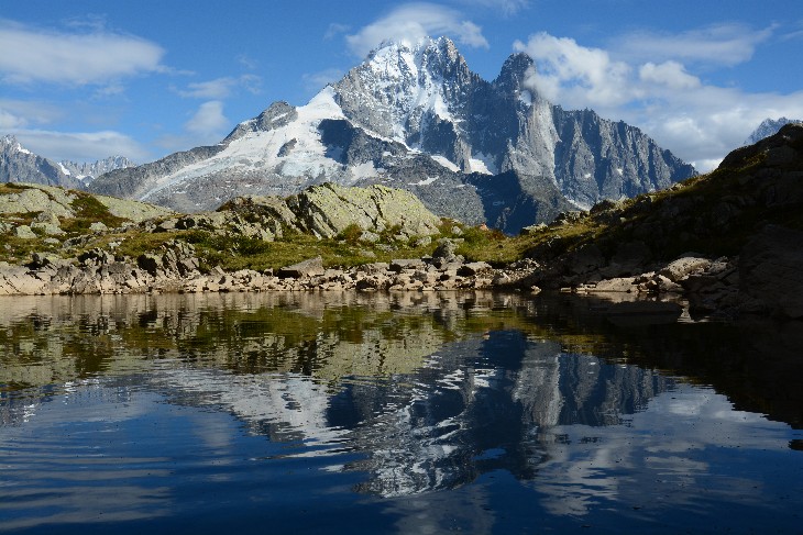 Aiguille Verte reflected in a small tarn near Lac Blanc